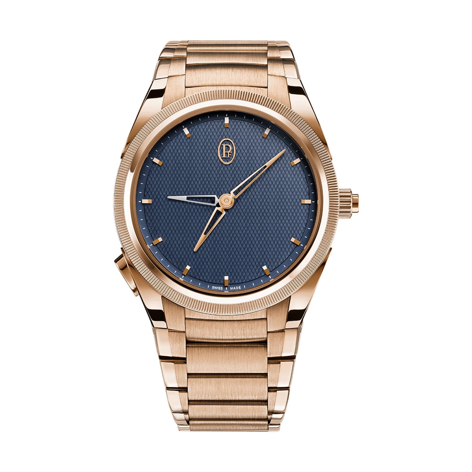 The Parmigiani Fleurier TONDA PF GMT Rattrapante features a gold case, blue textured dial, gold hour markers, and a metal link bracelet.
