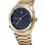 The Parmigiani Fleurier TONDA PF GMT Rattrapante wristwatch features a textured blue dial and metal bracelet, displayed at an angle on a white background.