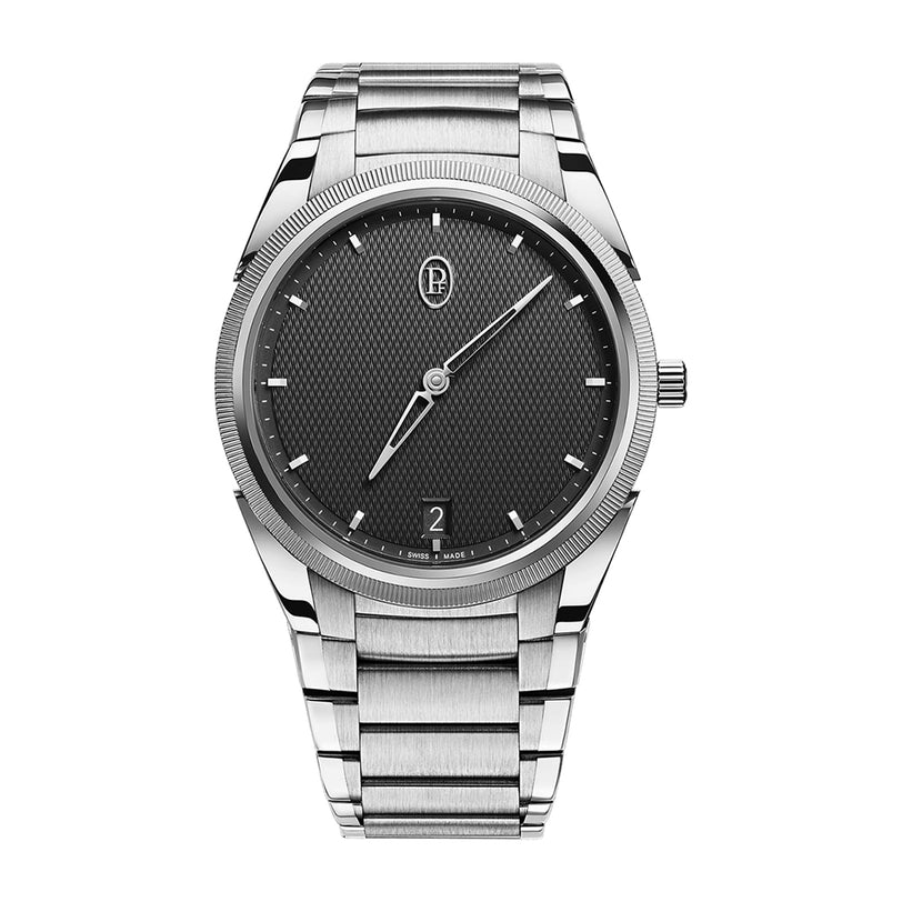 The Parmigiani Fleurier TONDA PF Micro-Rotor is a silver wristwatch featuring a textured black dial, simple hour markers, and a date window at 6 o’clock.
