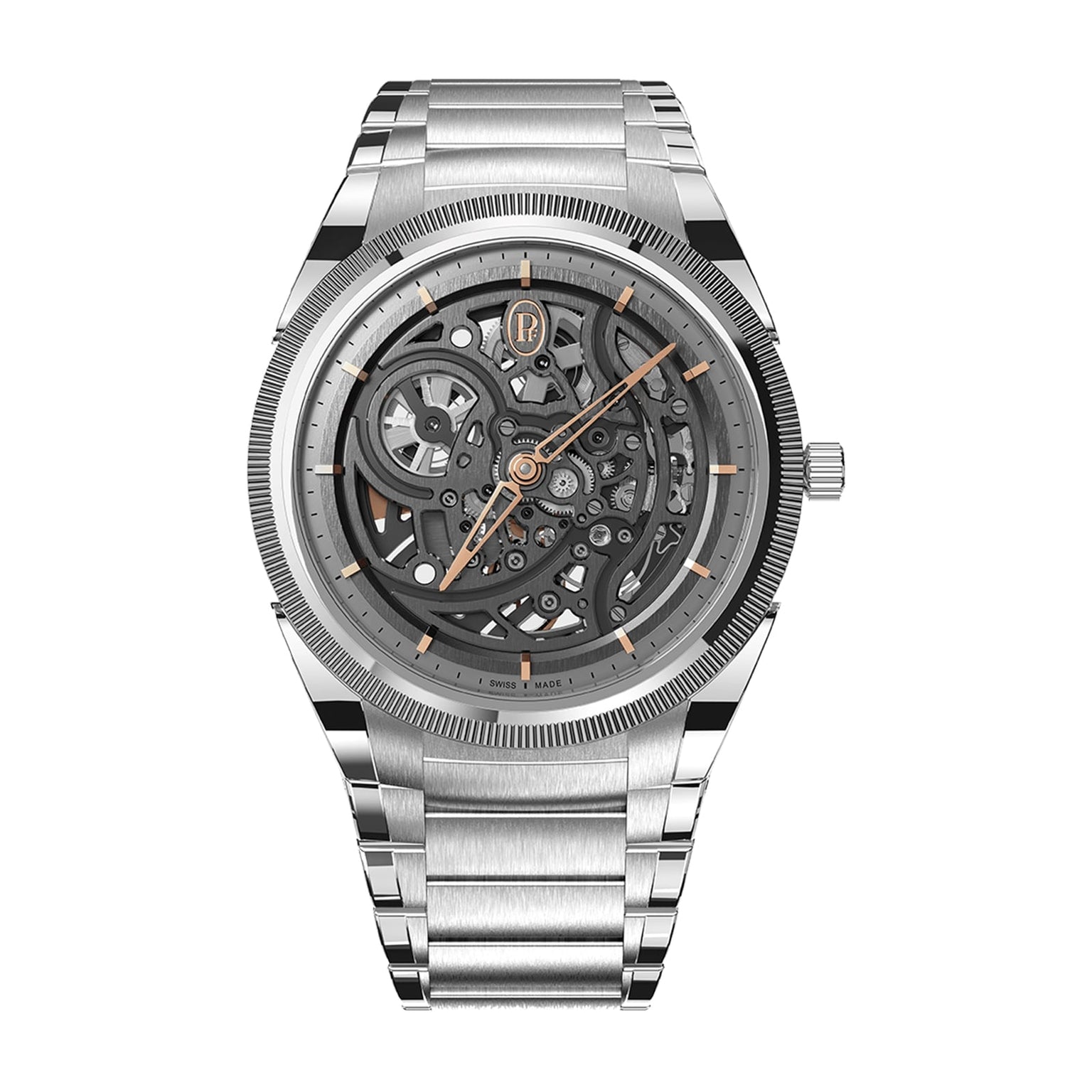 The Parmigiani Fleurier TONDA PF Skeleton features visible gears, a metal bracelet, and rose gold accents on the hands and hour markers.