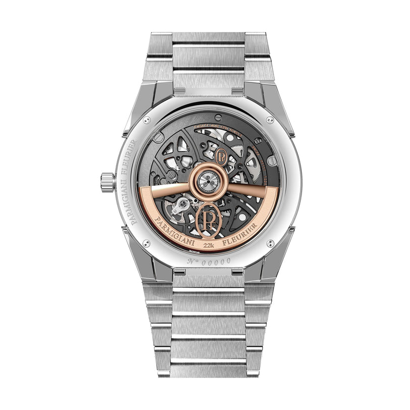 The Parmigiani Fleurier TONDA PF Skeleton is a silver luxury watch with an openwork back, revealing intricate gears and rose gold details.