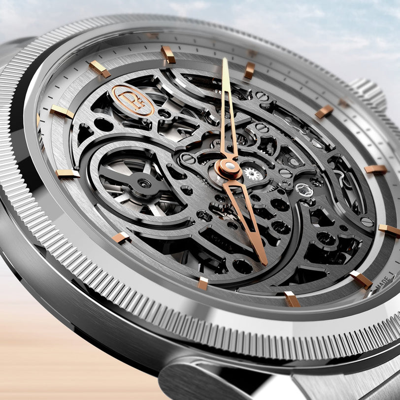 Close-up of the Parmigiani Fleurier TONDA PF Skeleton watch, showcasing visible gears and rose gold hands against a blurred background.