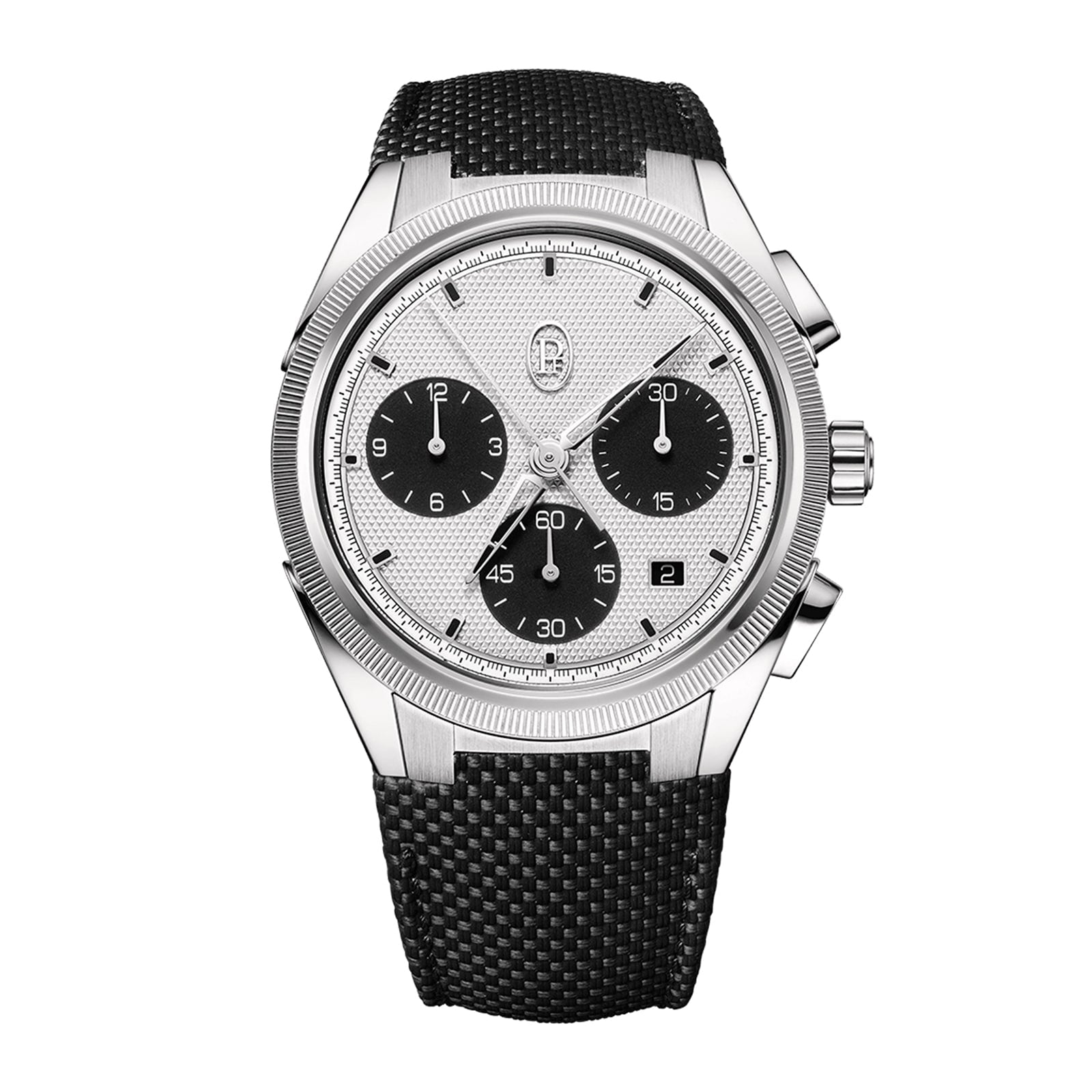 The Parmigiani Fleurier TONDA PF Sport Chronograph features a silver case, black chronograph dials, and a textured black strap, shown from the front.