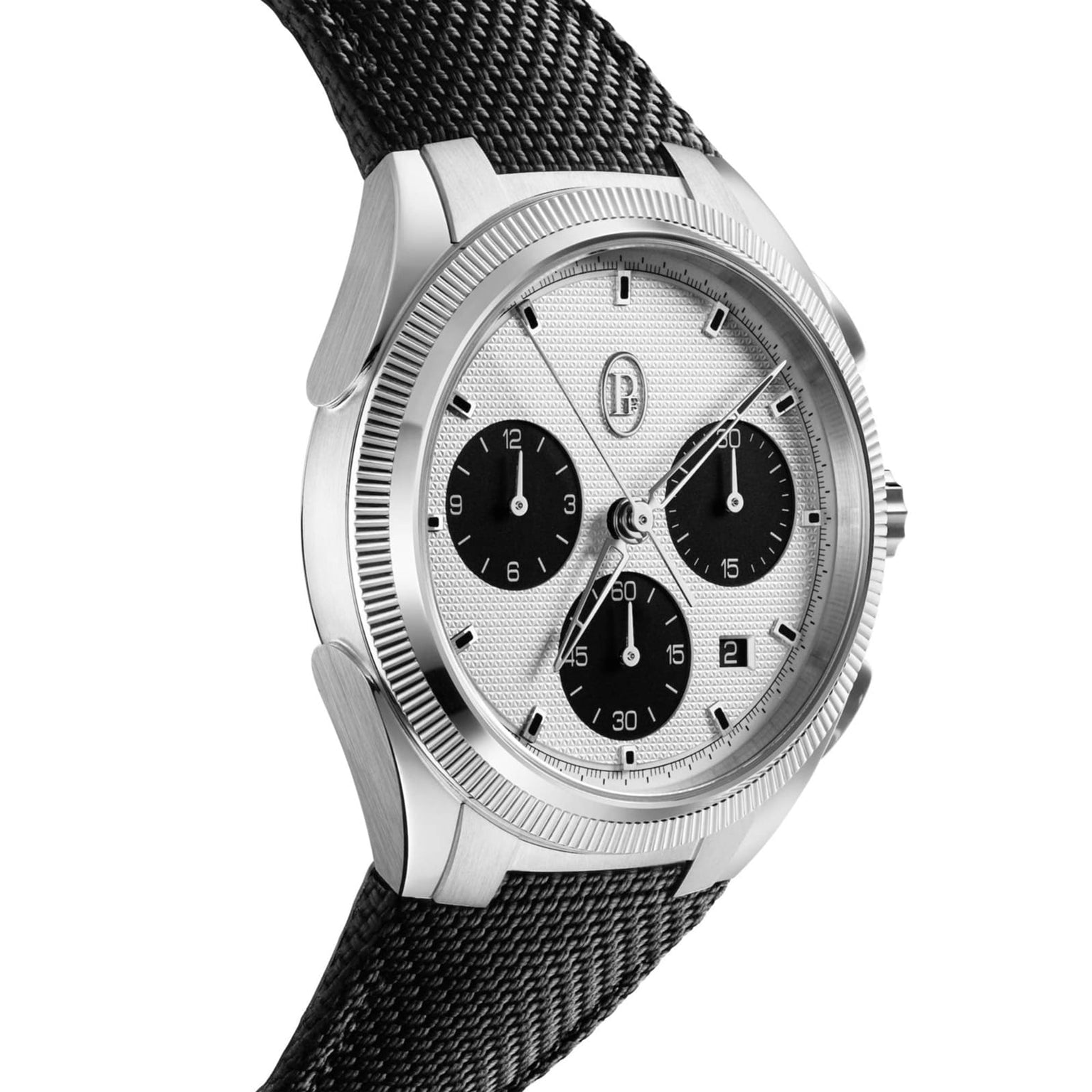 The Parmigiani Fleurier TONDA PF Sport Chronograph features a silver chronograph dial with a textured finish, black subdials, and a black textured strap.