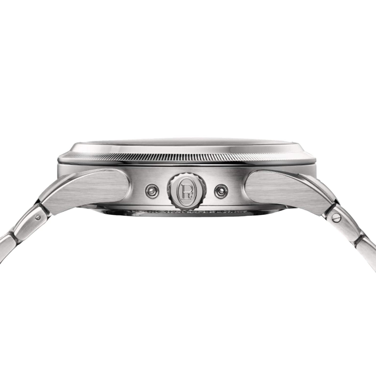 Side view of the Parmigiani Fleurier TONDA PF Xiali Chinese Calendar, a silver wristwatch with a round crown and lugs, highlighting its slim profile.
