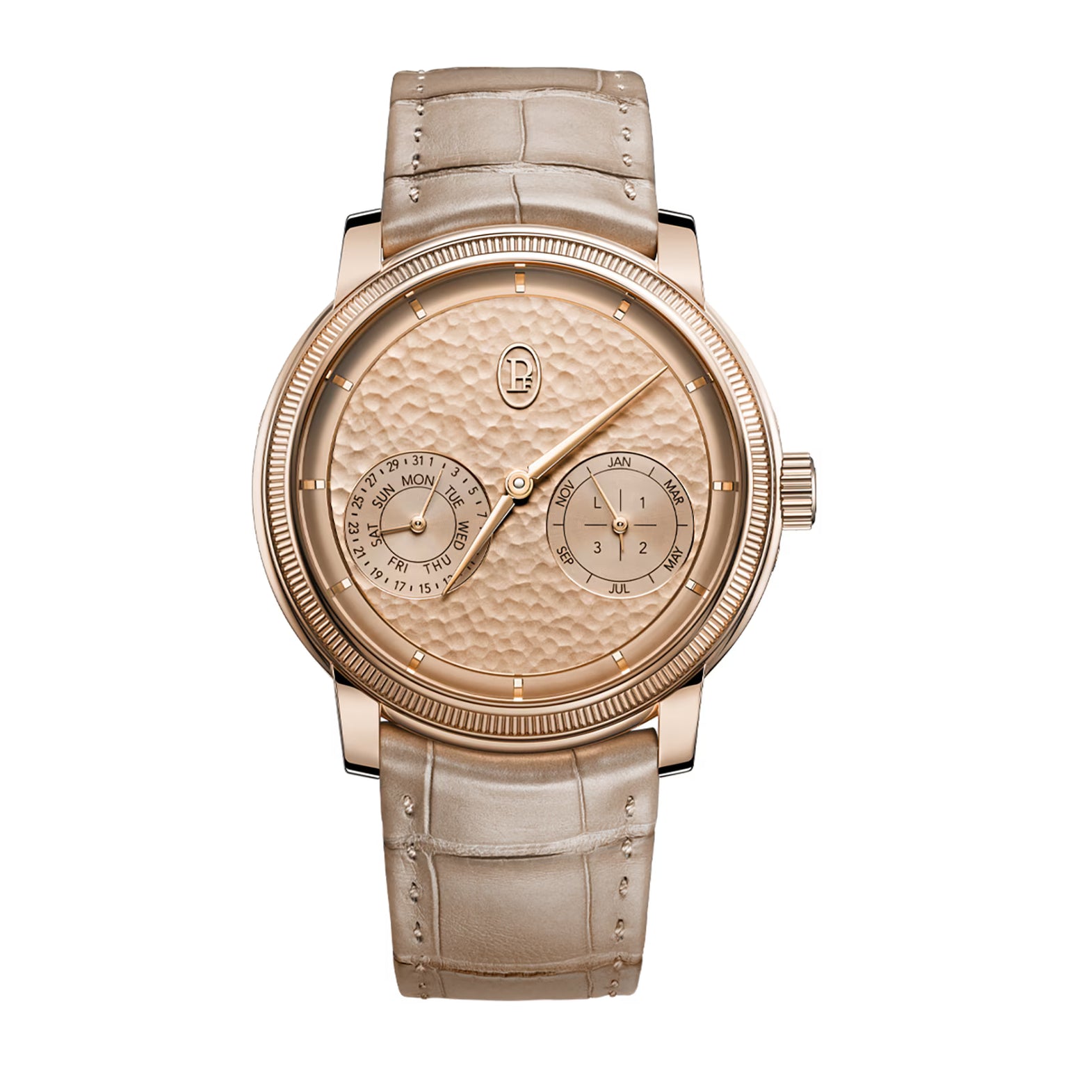 Luxury watch with beige strap and detailed face on a white background