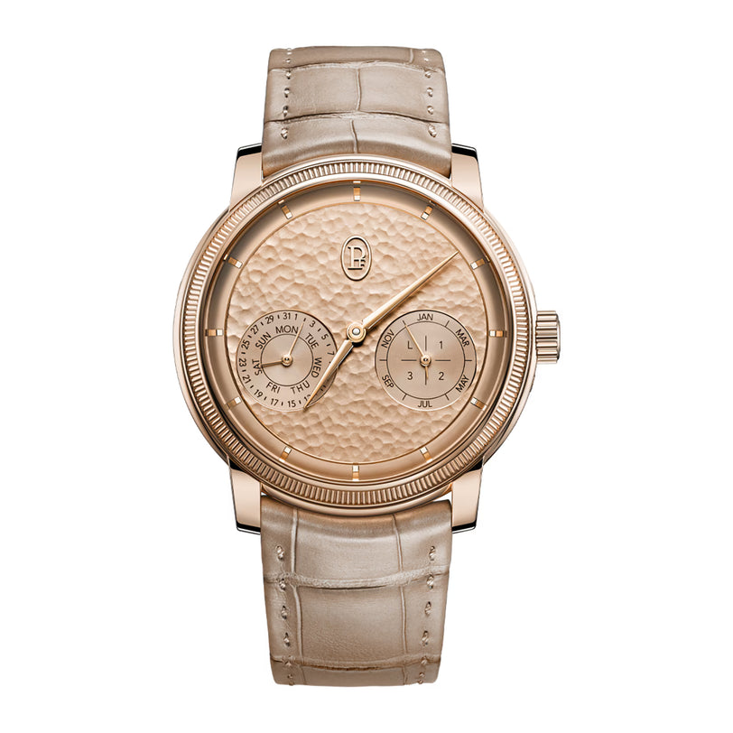 Luxury watch with beige strap and detailed face on a white background