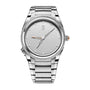 Silver watch with a white face on a white background