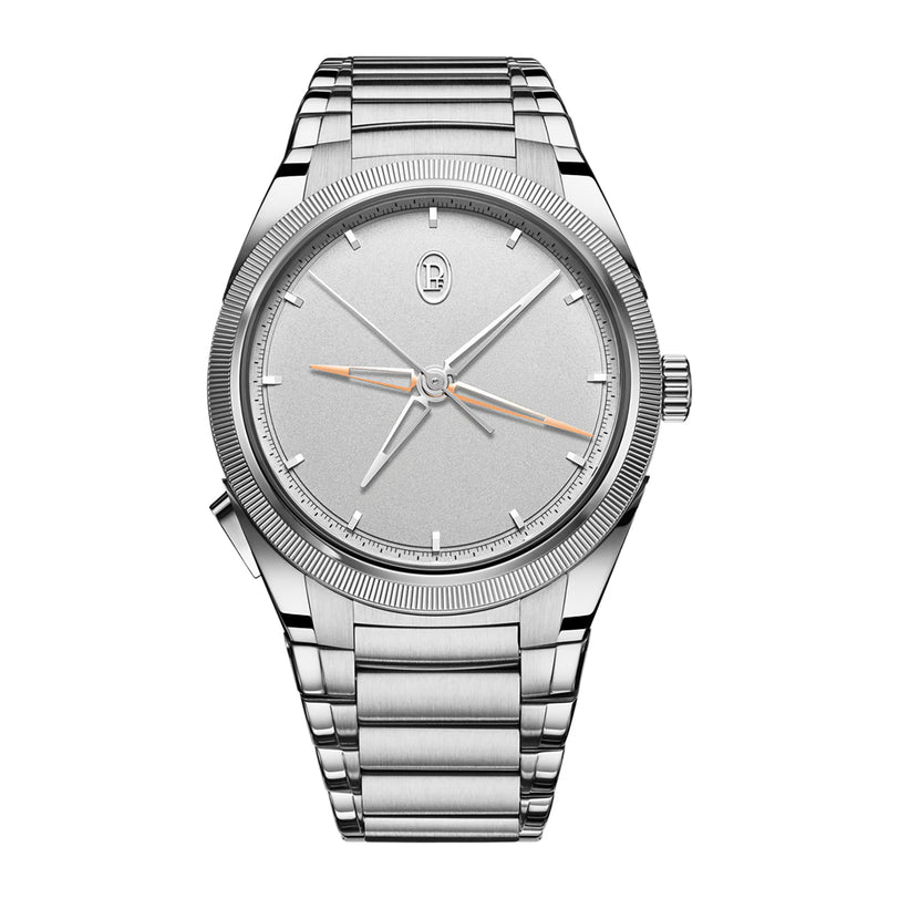 Silver watch with a white face on a white background