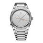 Silver watch with a white face on a white background