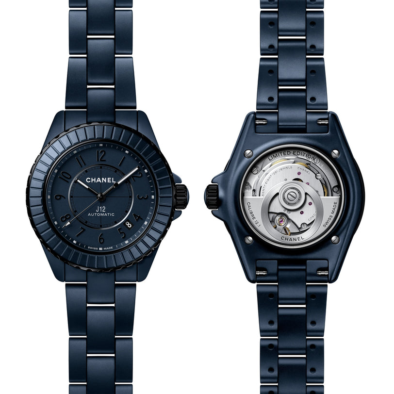 Front and back views of the Chanel J12 Bleu Watch Caliber 12.1, 38 mm, featuring a blue design and metal band.