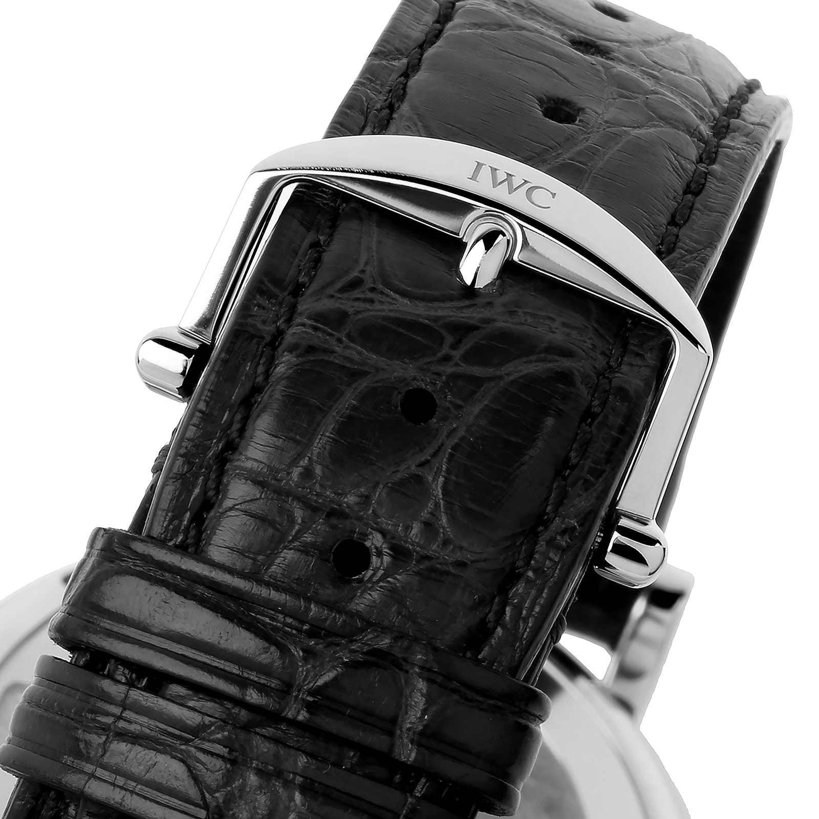 Close-up of a black leather strap with silver IWC engraving on the elegant IWC Schaffhausen Portofino Hand-Wound Eight Days watch.