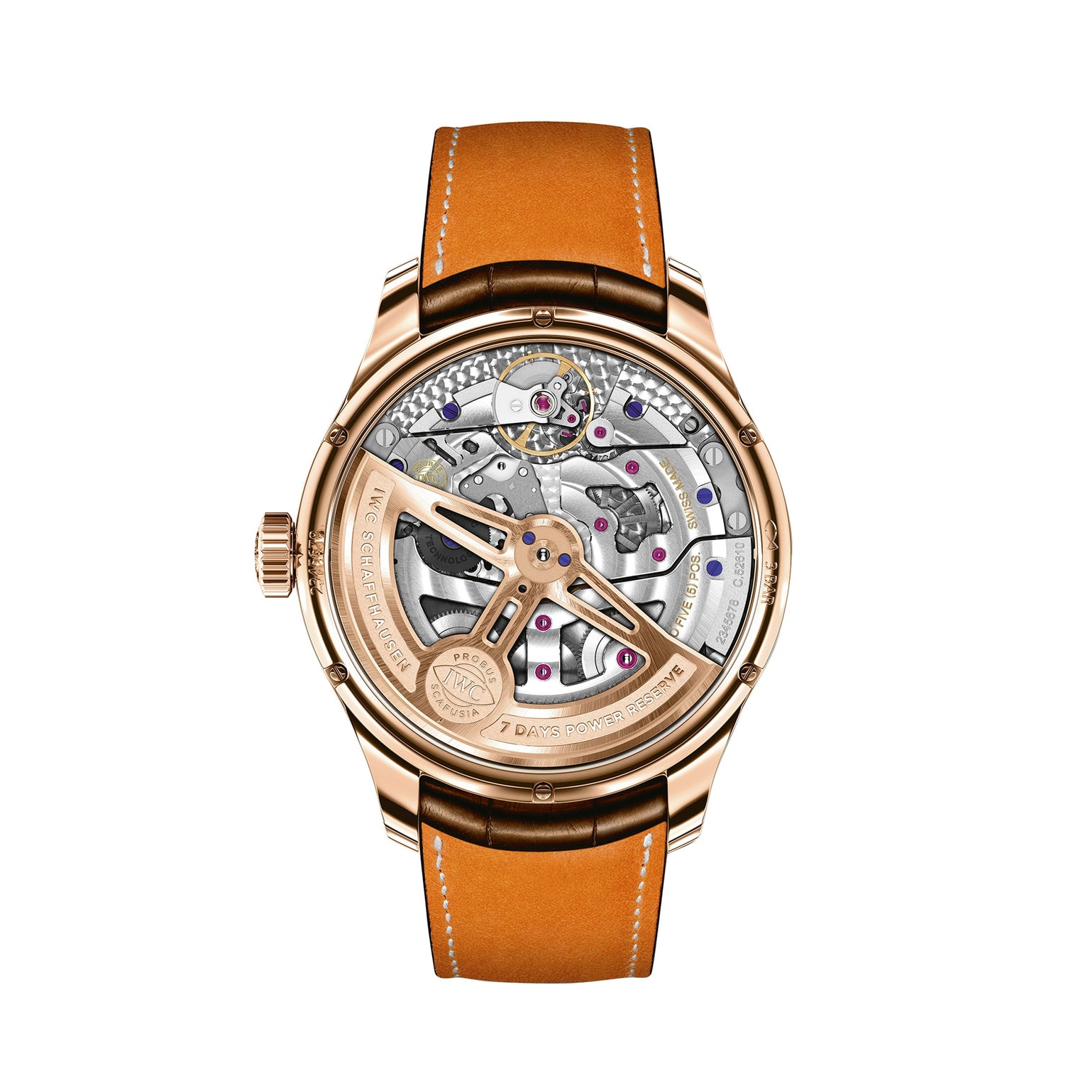 The IWC Schaffhausen Portugieser Perpetual Calendar is a luxury wristwatch featuring a brown leather strap, 18ct gold case, and an exposed mechanical movement that reveals intricate gears and components on the back.