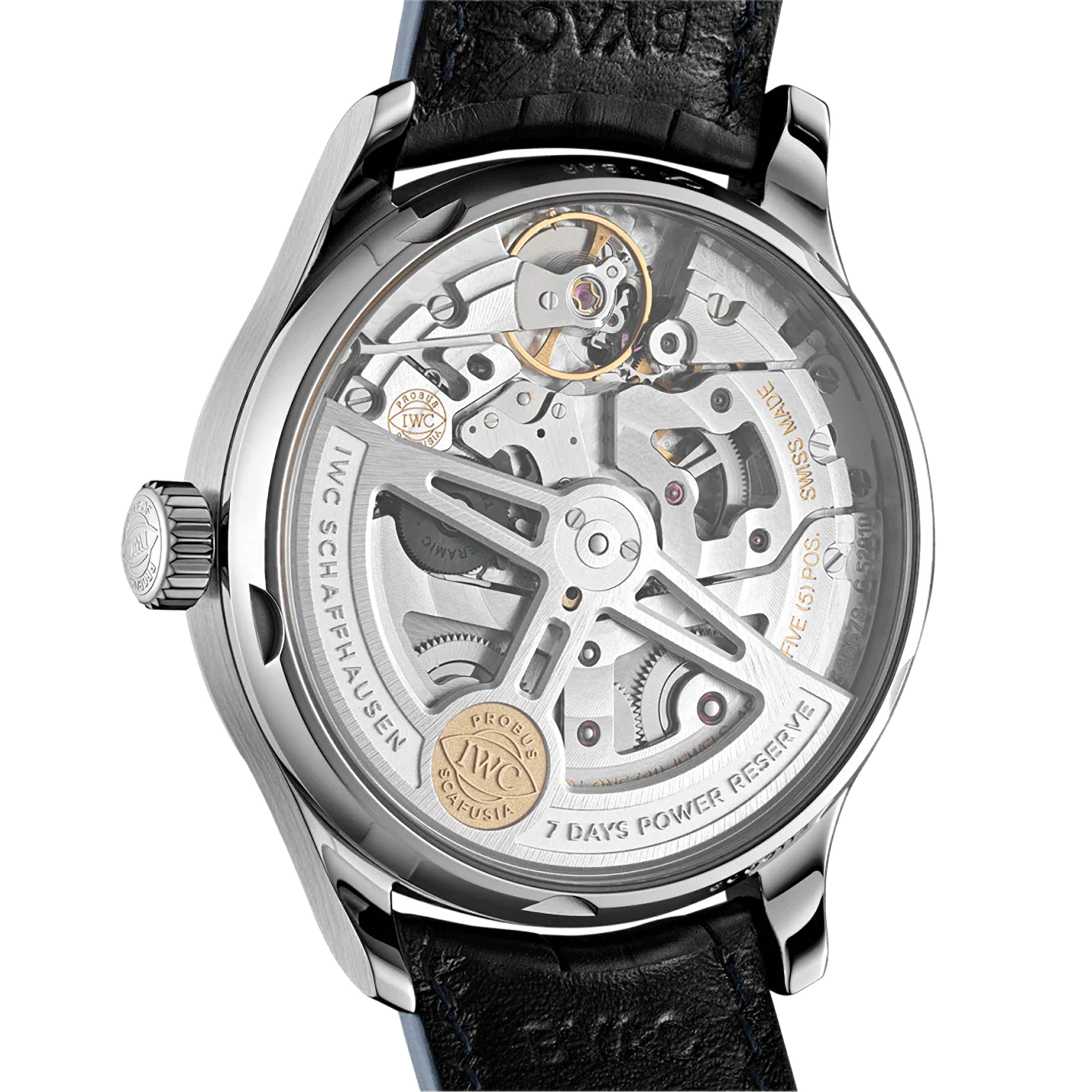 Close-up of the IWC Schaffhausen Portugieser Automatic’s back, displaying its self-winding movement, engraved detailing, and black leather strap—a true showcase of luxury watchmaking.