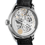 Close-up of the IWC Schaffhausen Portugieser Automatic’s back, displaying its self-winding movement, engraved detailing, and black leather strap—a true showcase of luxury watchmaking.
