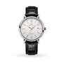 The IWC Schaffhausen Portofino Automatic features a white dial with gold markers, date display at 3 o’clock, Swiss automatic movement, and a black alligator leather strap.