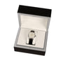 The IWC Schaffhausen Portofino Automatic, featuring a 40mm stainless steel case and black alligator leather strap, is displayed in an open black and white presentation box.