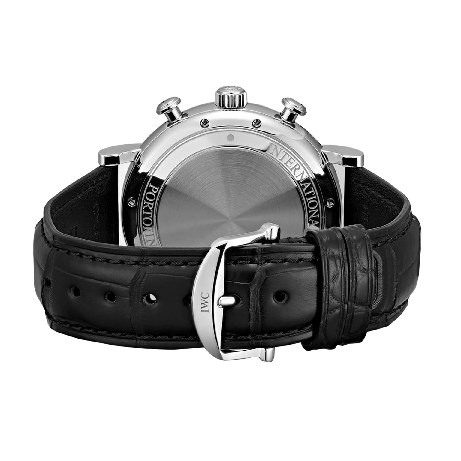 A rear view of the IWC Schaffhausen Portofino Chronograph shows a stainless steel case back and a black leather strap with a metal buckle engraved with IWC.