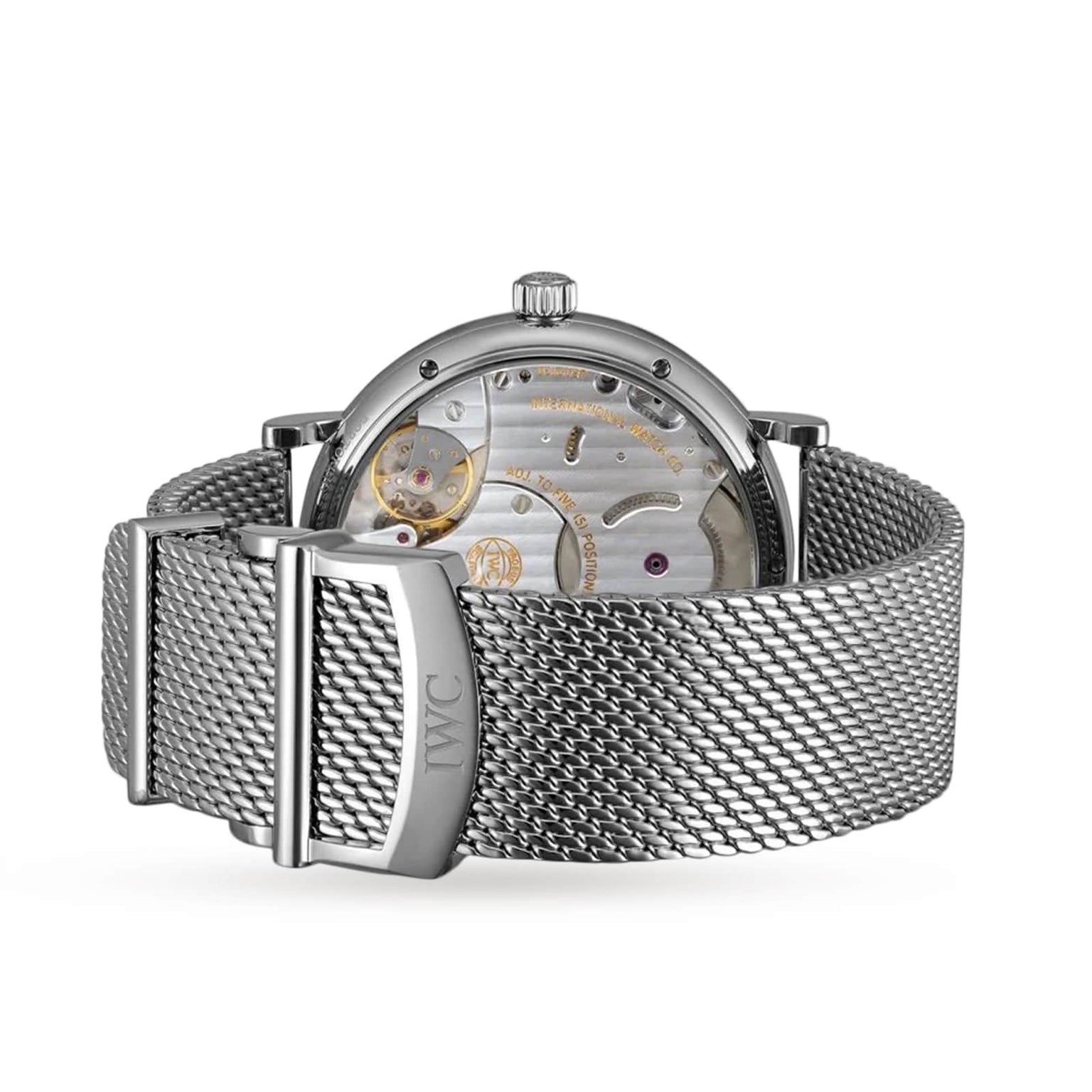 The IWC Schaffhausen Portofino Hand-Wound Eight Days watch, featuring a silver mesh strap, is displayed from the back, revealing its manual-winding movement through a transparent caseback.