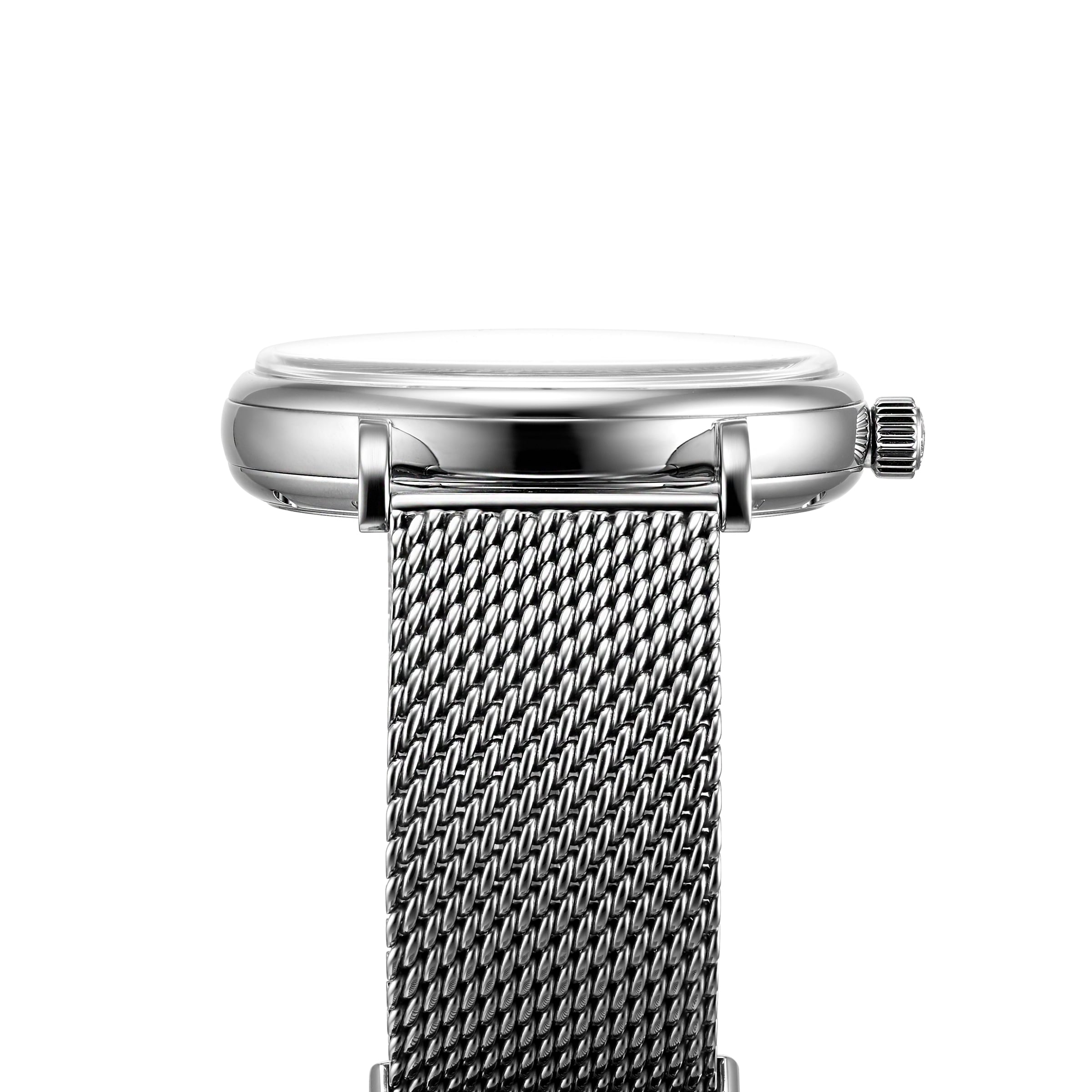 Close-up side view of the IWC Schaffhausen Portofino Hand-Wound Eight Days wristwatch with a mesh metal band, round case, pronounced crown and lugs, and a striking blue dial.
