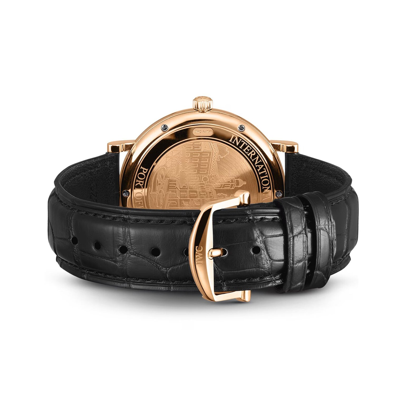 An IWC Schaffhausen Portofino Automatic wristwatch with a gold case and black leather strap is shown with the case back visible, revealing its engraved details and Swiss precision automatic movement.