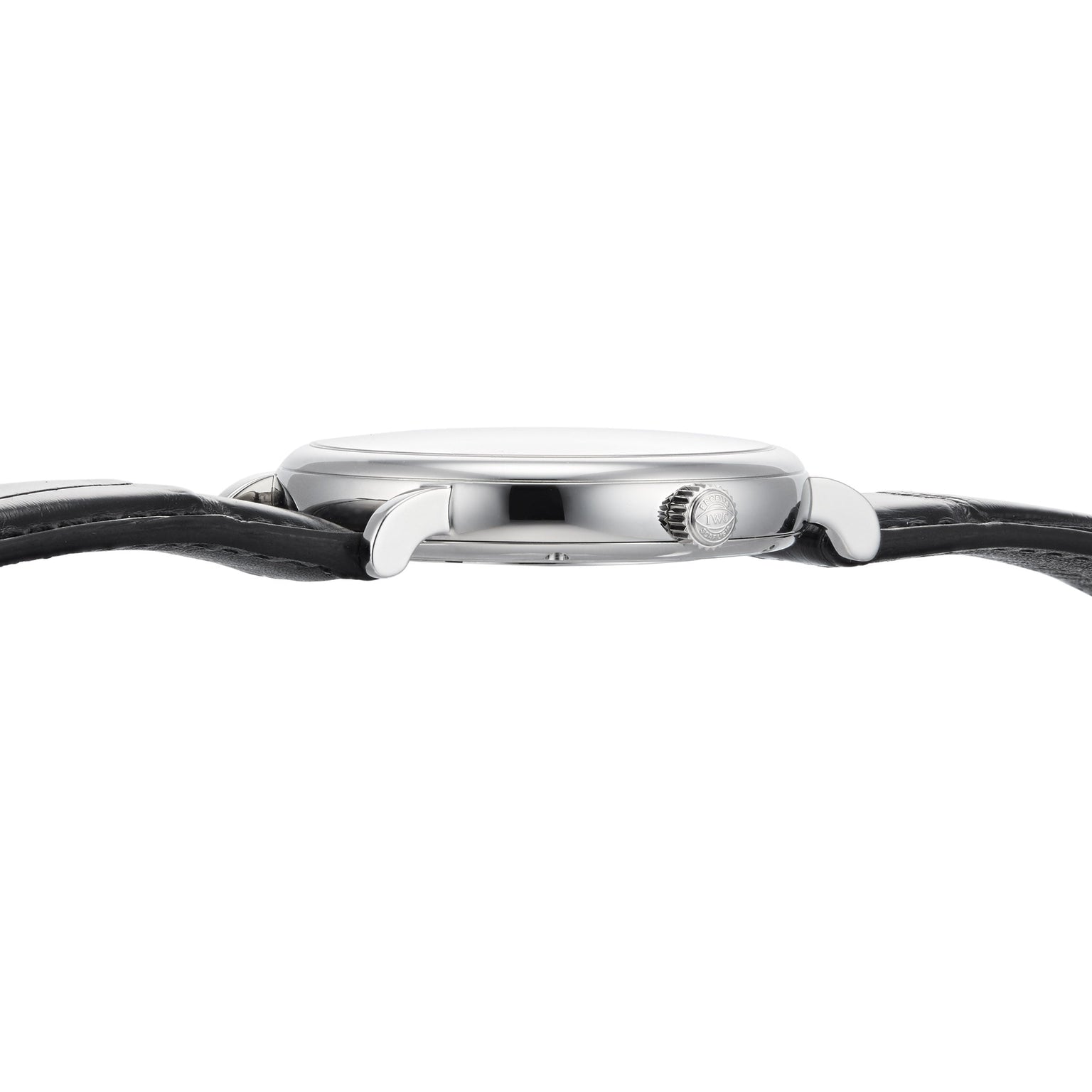 Side view of the IWC Schaffhausen Portofino Automatic, showing its round silver case, black leather strap, and ridged crown—an elegant blend of Swiss craftsmanship and timeless design.