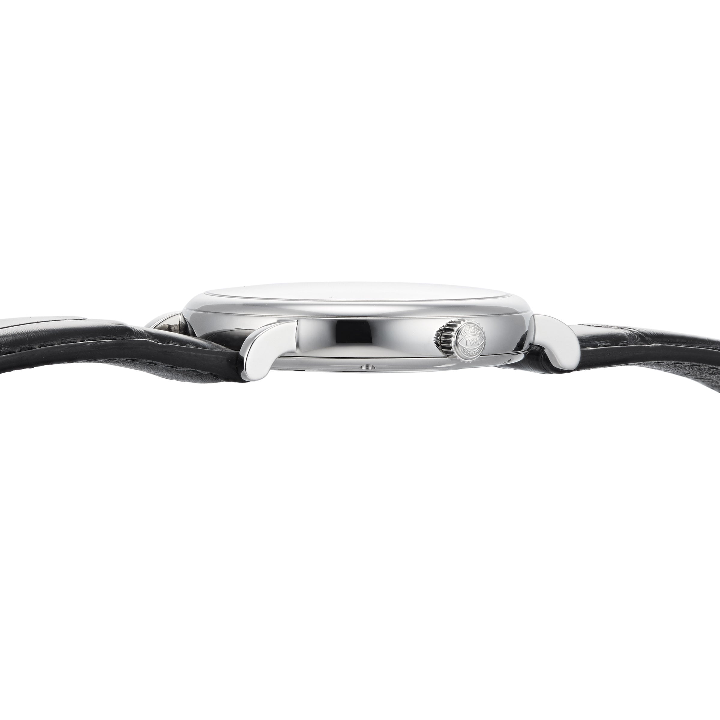 Side view of the IWC Schaffhausen Portofino Automatic, showing its round silver case, black leather strap, and ridged crown—an elegant blend of Swiss craftsmanship and timeless design.