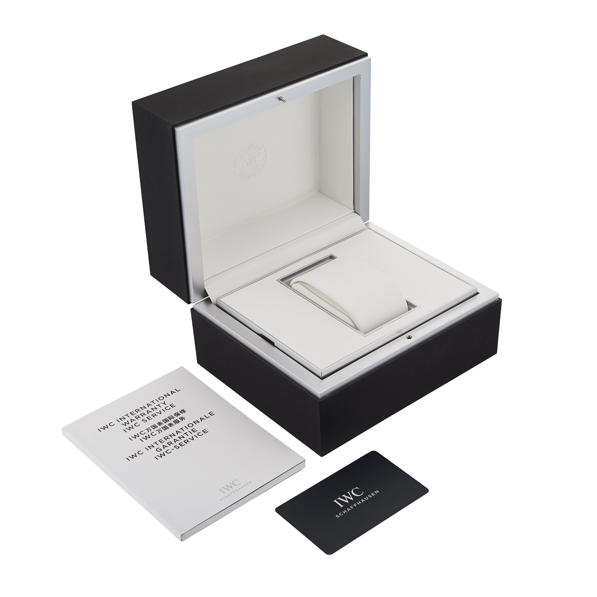The IWC Schaffhausen Portofino Automatic is presented with a black and white box, matching interior, empty watch holder, booklet, and black service card—showcasing Swiss precision on a white background.