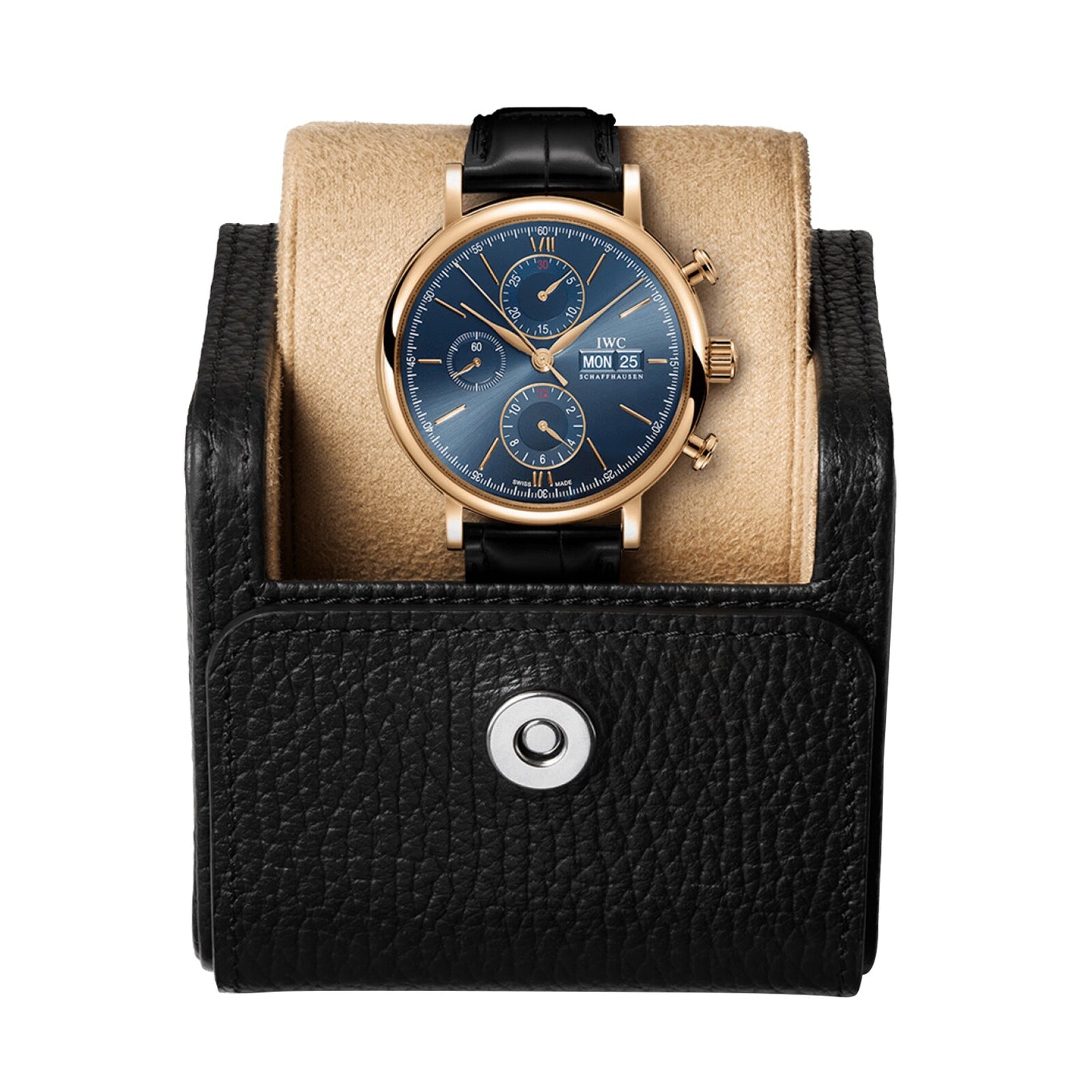 The IWC Schaffhausen Portofino Chronograph, featuring a gold case, blue dial, and black leather strap with chronograph functions, is displayed in a black leather watch case with a snap closure.