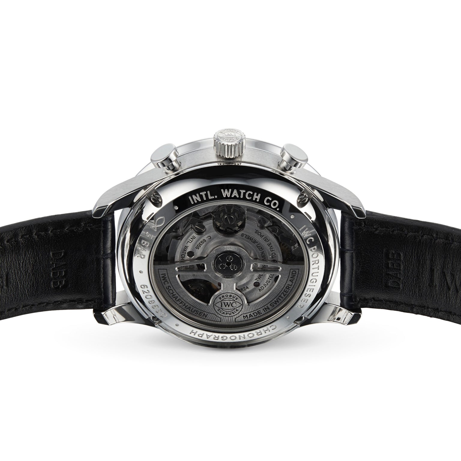 Back view of the IWC Schaffhausen Portugieser Chronograph, featuring a black leather strap and a transparent caseback revealing the intricate internal mechanism.
