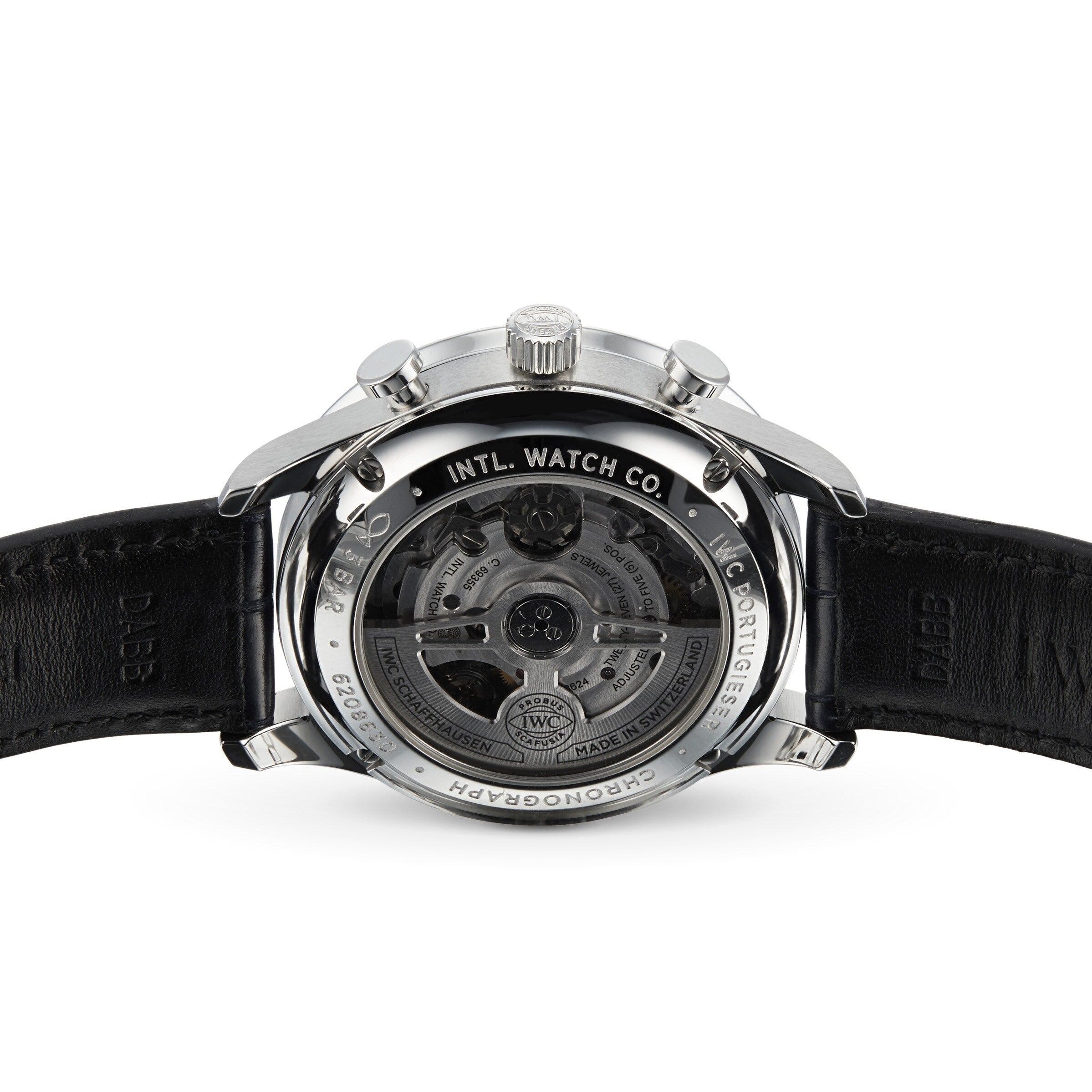 Back view of the IWC Schaffhausen Portugieser Chronograph, featuring a black leather strap and a transparent caseback revealing the intricate internal mechanism.