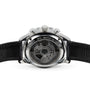 Back view of the IWC Schaffhausen Portugieser Chronograph, featuring a black leather strap and a transparent caseback revealing the intricate internal mechanism.