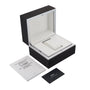 Open black and white IWC Schaffhausen watch box with cushion, white booklet, and black warranty card—perfect for your Portugieser Chronograph or any IWC automatic watch, all displayed on a clean white background.