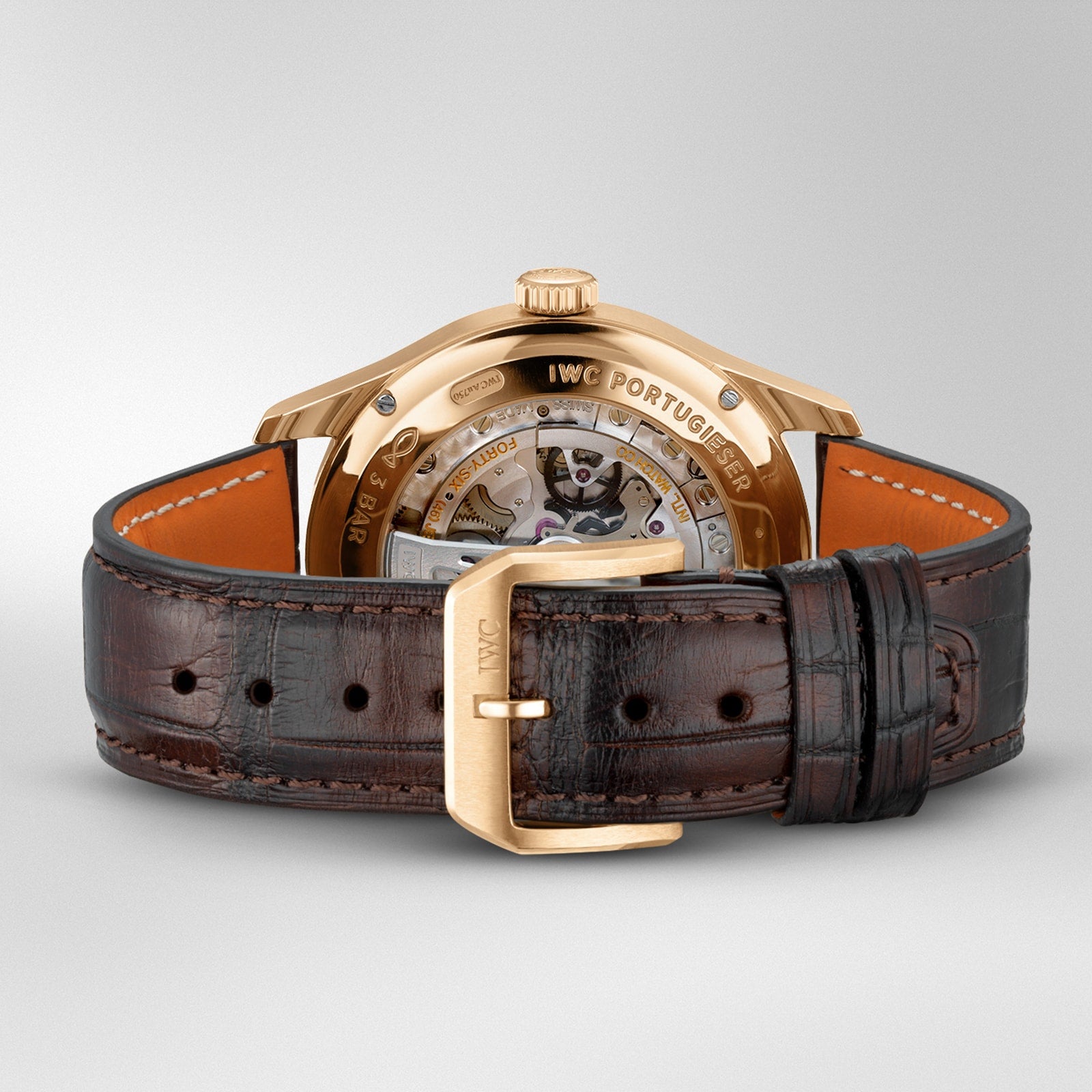 Rear view of an IWC Schaffhausen Portugieser Perpetual Calendar 42 with brown leather strap, 18ct gold case, and visible mechanical movement through a transparent case back.