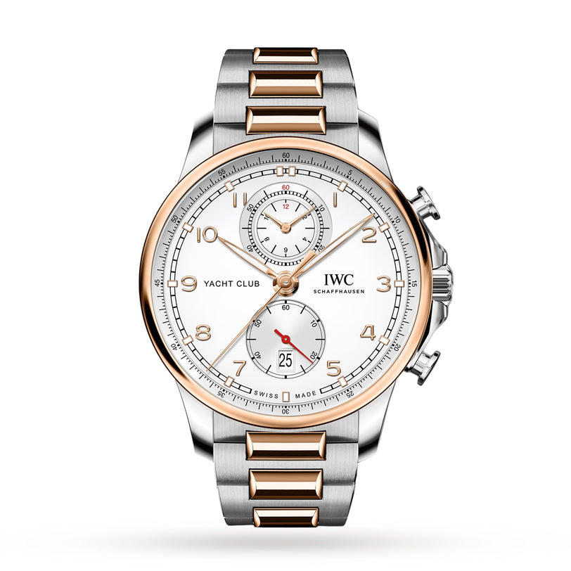 An IWC Schaffhausen Portugieser Yacht Club Chronograph wristwatch with a silver and rose gold bracelet, white dial, chronograph functions, and date display, photographed on a white background.