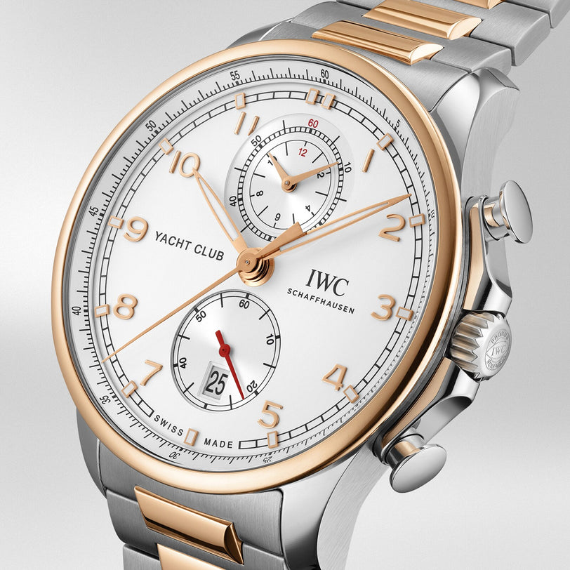Close up of the face of the IWC Schaffhausen Portugieser Yacht Club Chronograph