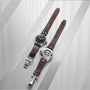 Two IWC Schaffhausen Big Pilot’s Watch 43 timepieces with brown leather straps are displayed—one features a bold black dial, the other showcases its mechanical movement and stainless steel case—on a light-striped background.