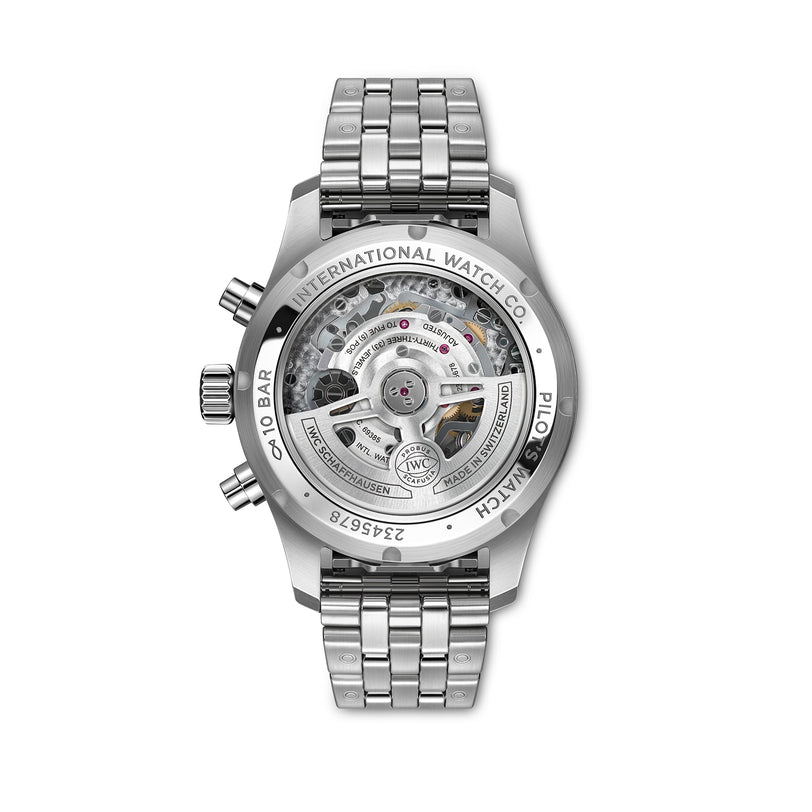 Back view of the IWC Schaffhausen Pilots Watch Chronograph 41, showcasing a stainless steel case, transparent case back revealing the mechanical movement, and engraved text characteristic of the collection.