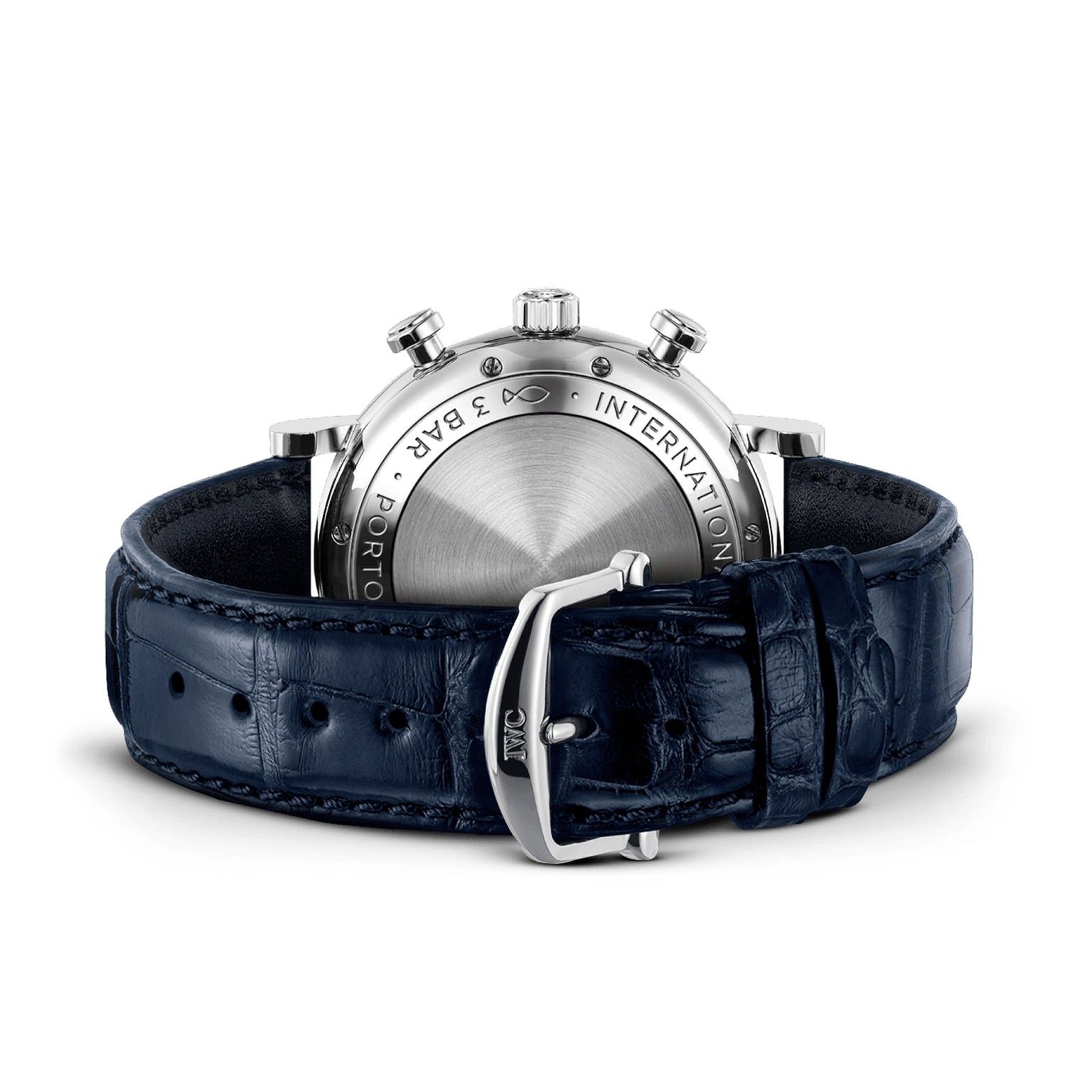The IWC Schaffhausen Portofino Chronograph wristwatch features a blue alligator leather strap, displayed from the back to showcase its stainless steel case and buckle.