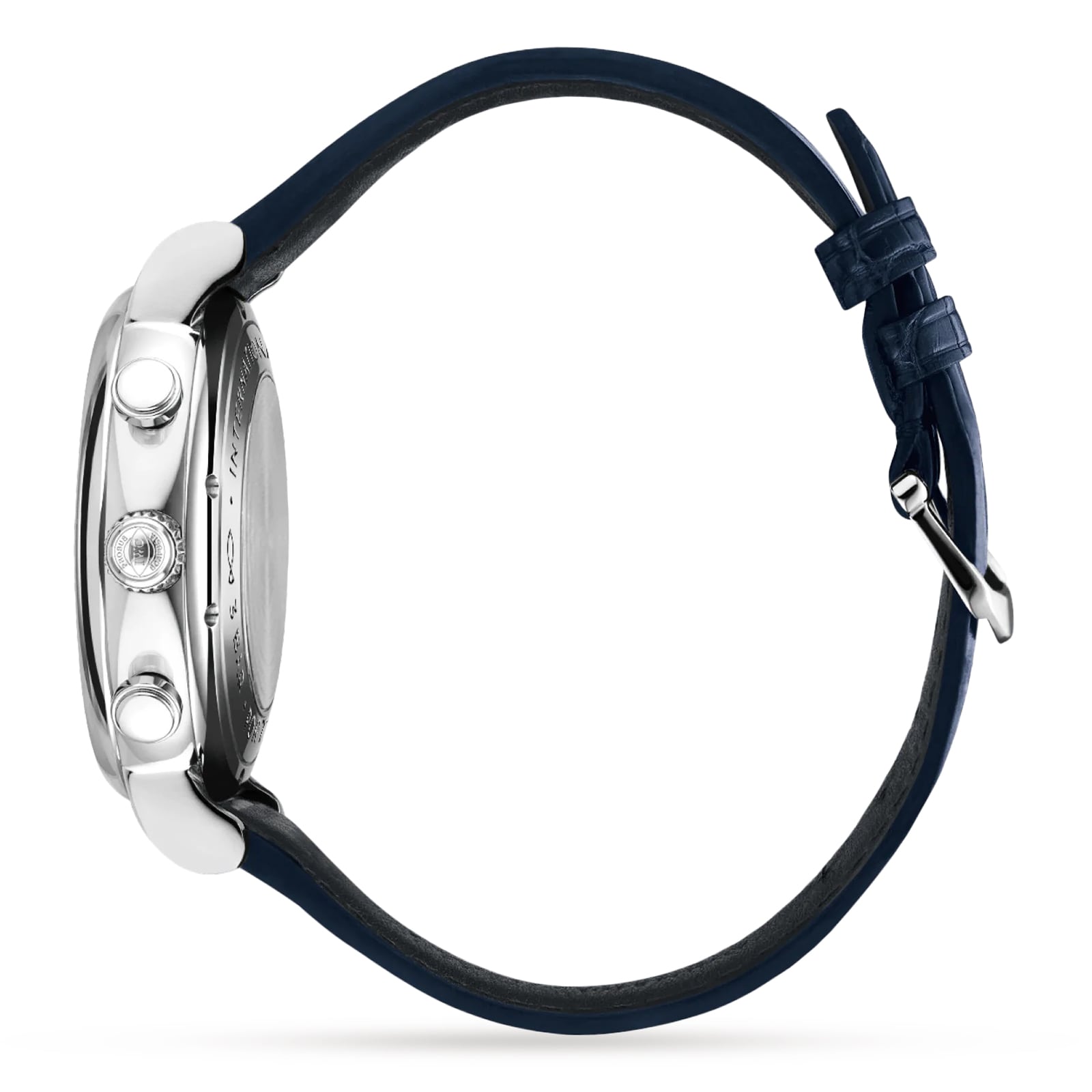 Side view of the IWC Schaffhausen Portofino Chronograph, featuring a round stainless steel case, two push buttons, crown, and blue alligator leather strap with buckle.