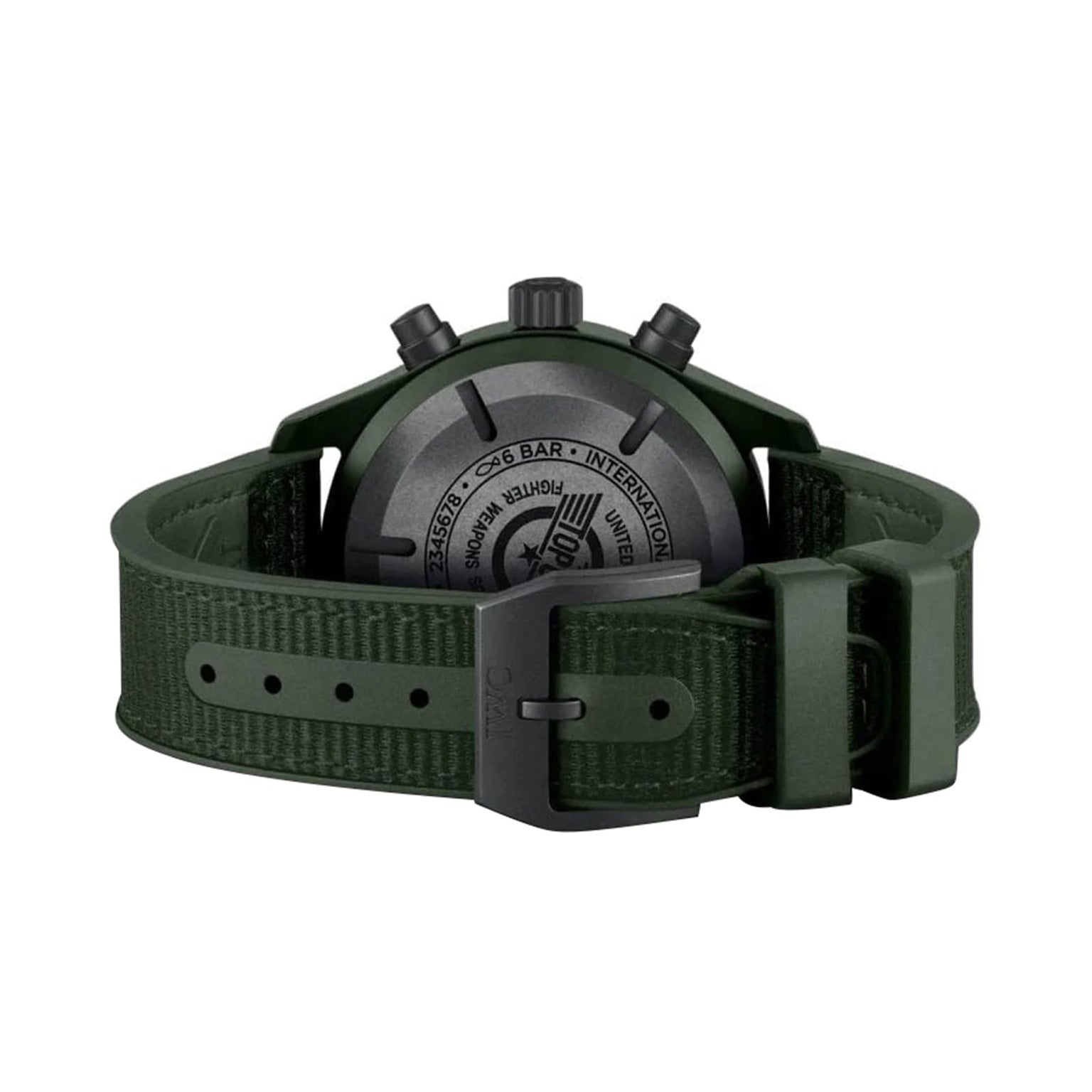 Back view of the IWC Schaffhausen Pilot’s Watch Chronograph TOP GUN Edition “Woodland” featuring a black case and a textured green strap with buckle.