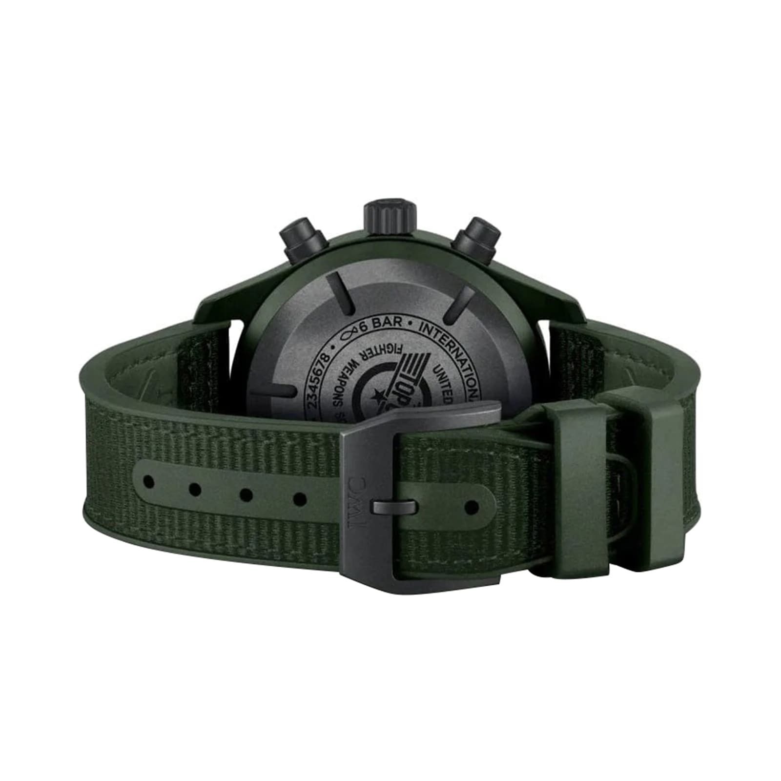 Back view of the IWC Schaffhausen Pilot’s Watch Chronograph TOP GUN Edition “Woodland” featuring a black case and a textured green strap with buckle.