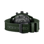Back view of the IWC Schaffhausen Pilot’s Watch Chronograph TOP GUN Edition “Woodland” featuring a black case and a textured green strap with buckle.