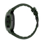 Side view of the IWC Schaffhausen Pilot’s Watch Chronograph TOP GUN Edition “Woodland” featuring a green case, black buttons, and a matching green strap.