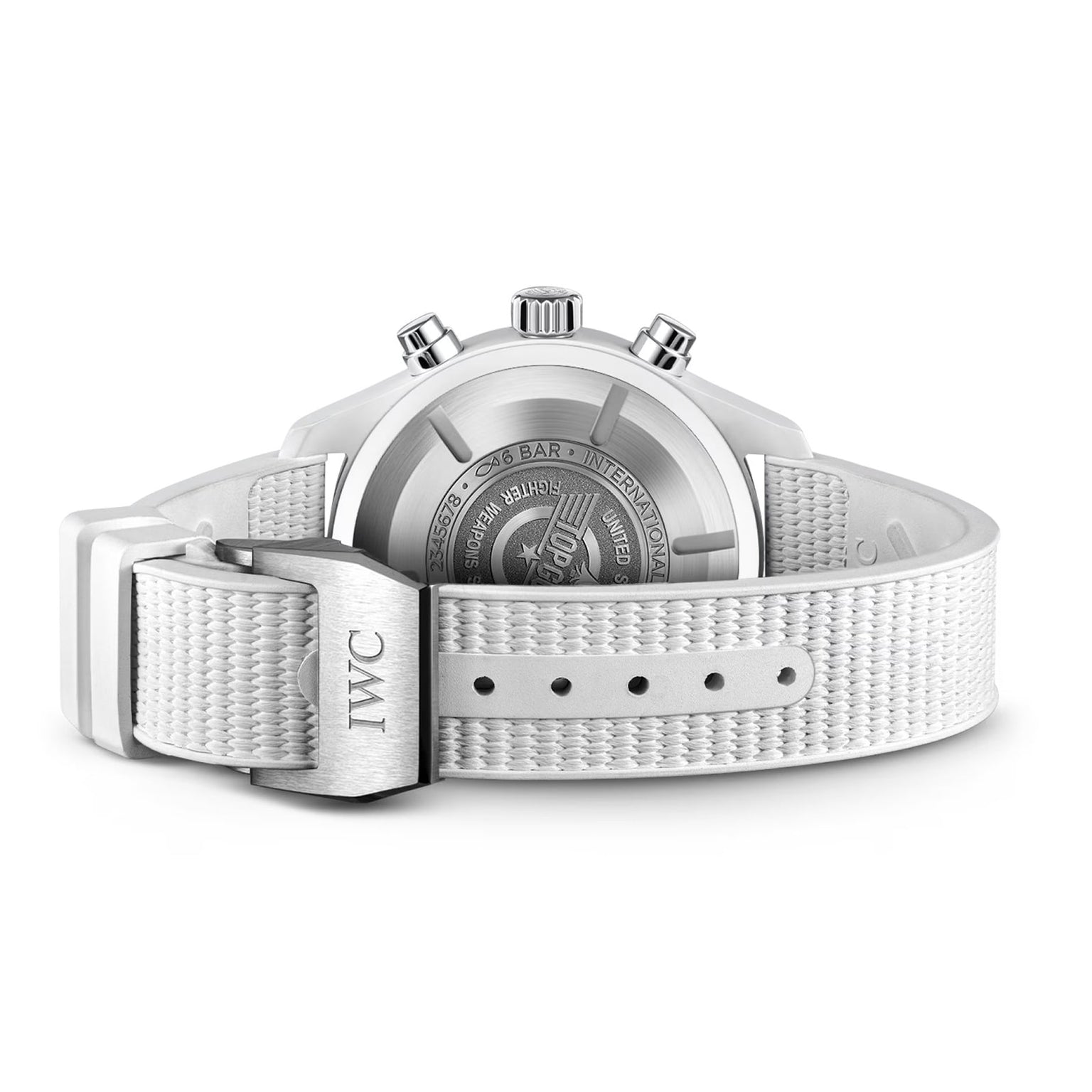 The IWC Schaffhausen Pilot’s Watch Chronograph TOP GUN Edition Lake Tahoe features a white textured strap, a metal clasp engraved with IWC, and a visible engraved back case.