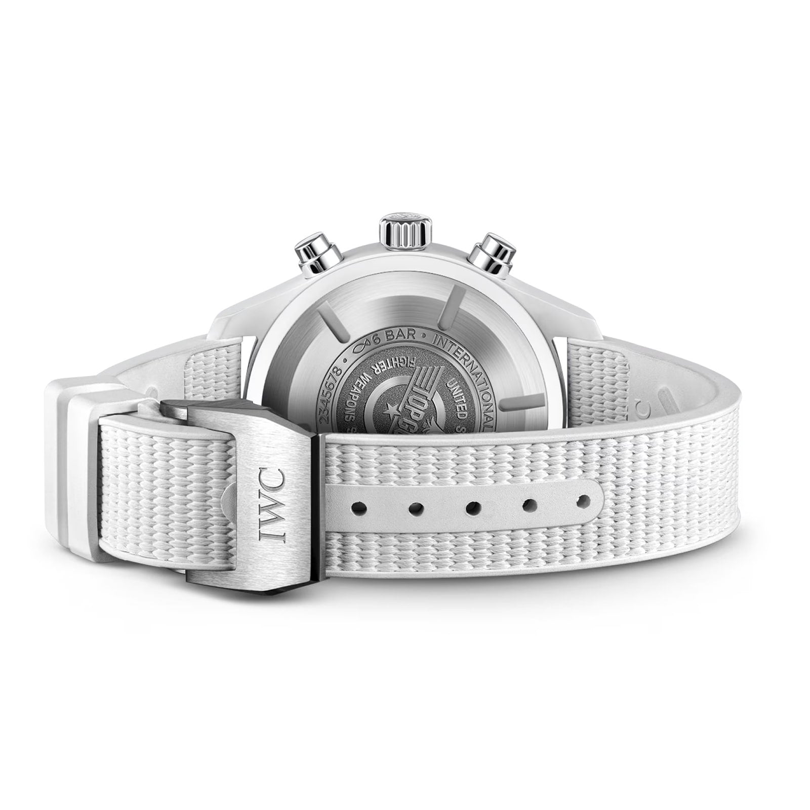 The IWC Schaffhausen Pilot’s Watch Chronograph TOP GUN Edition Lake Tahoe features a white textured strap, a metal clasp engraved with IWC, and a visible engraved back case.