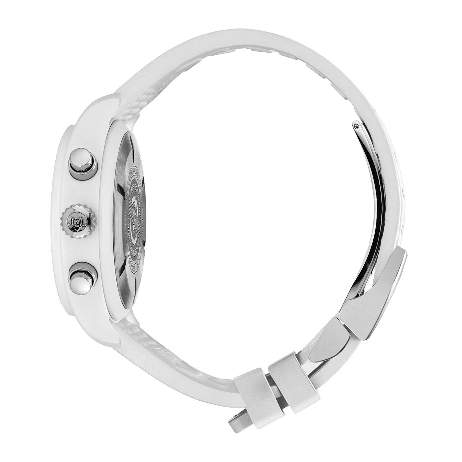 Side view of the IWC Schaffhausen Pilot’s Watch Chronograph TOP GUN Edition Lake Tahoe wristwatch in white, featuring two buttons and a silver clasp.