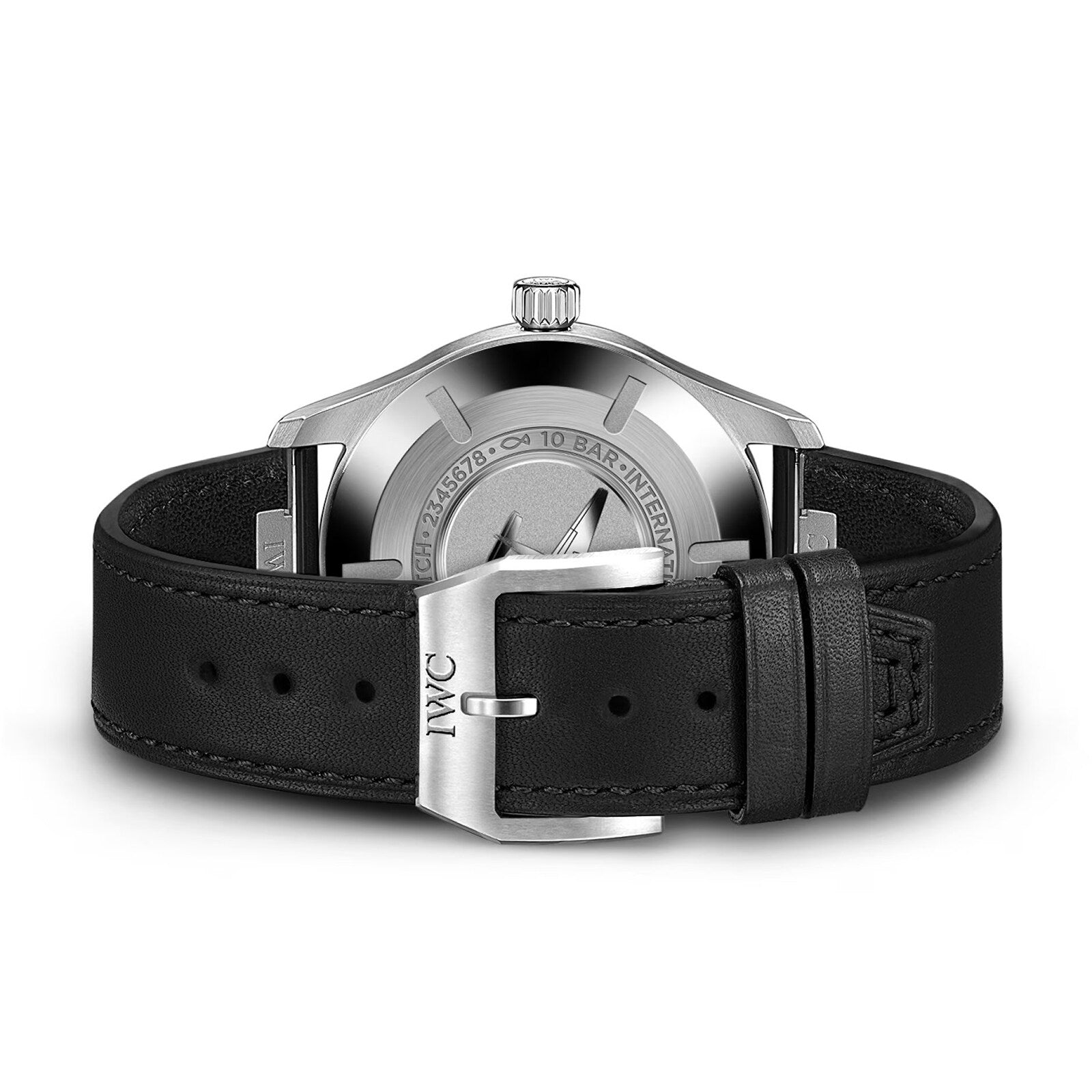 The IWC Schaffhausen Pilot’s Watch Mark XX features a black leather strap with a silver buckle, attached to its stainless steel case.