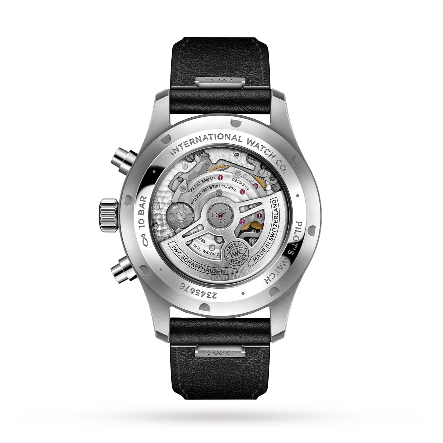 The image shows the back of an IWC Schaffhausen Pilot’s Watch Chronograph with a transparent case that reveals the automatic movement, a black leather strap, and engraved markings around the case.