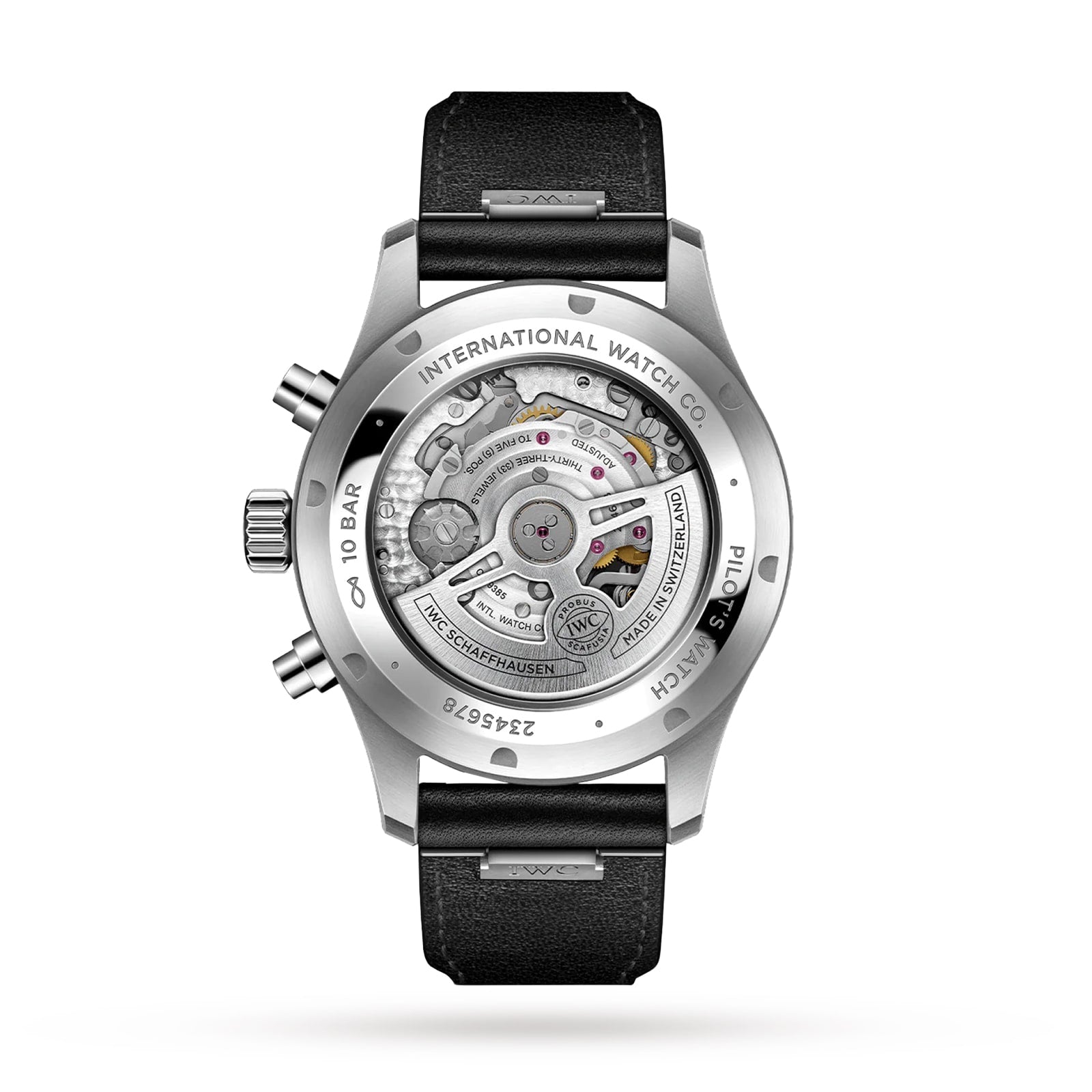 The image shows the back of an IWC Schaffhausen Pilot’s Watch Chronograph with a transparent case that reveals the automatic movement, a black leather strap, and engraved markings around the case.